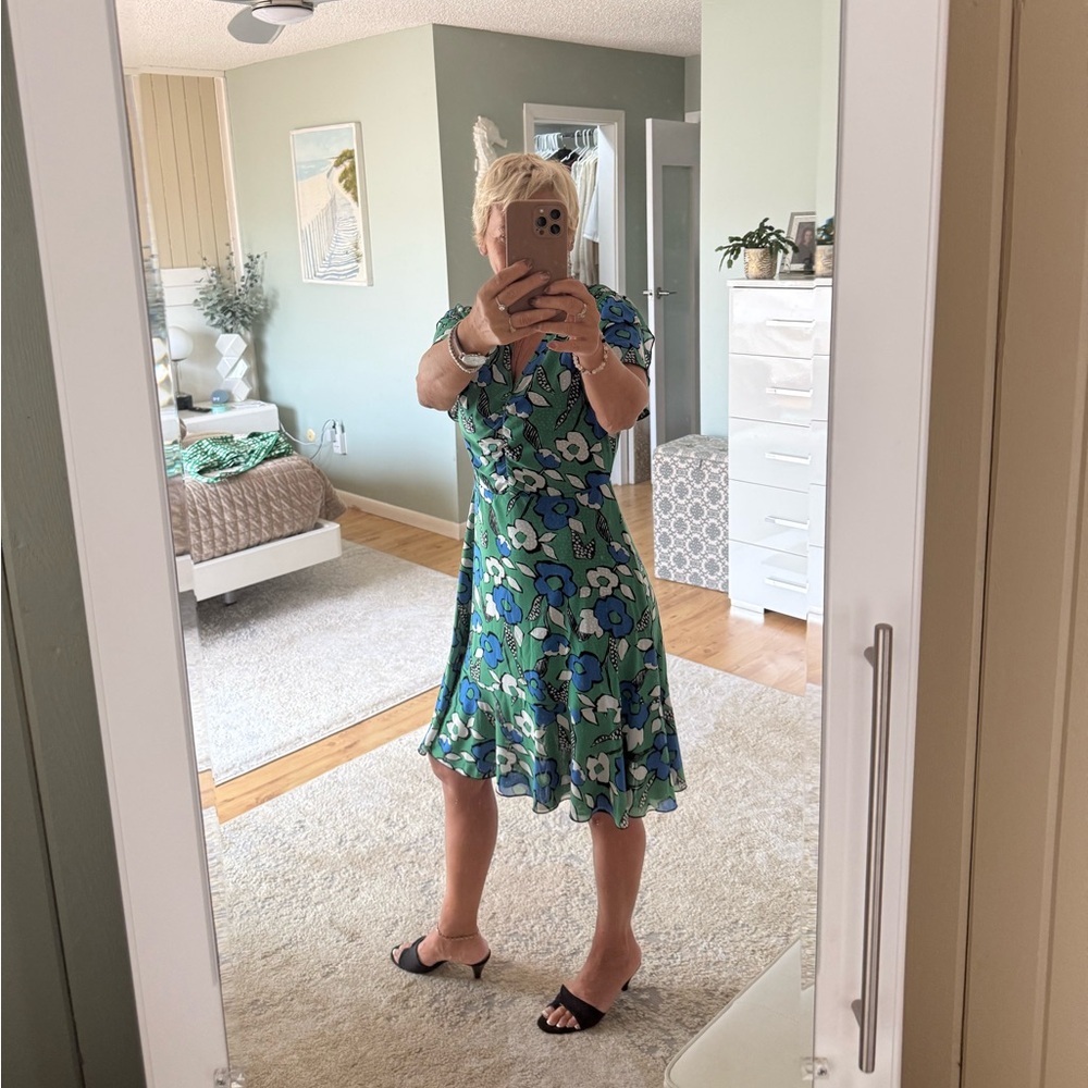 CAbi Green and Blue Floral Midi Dress